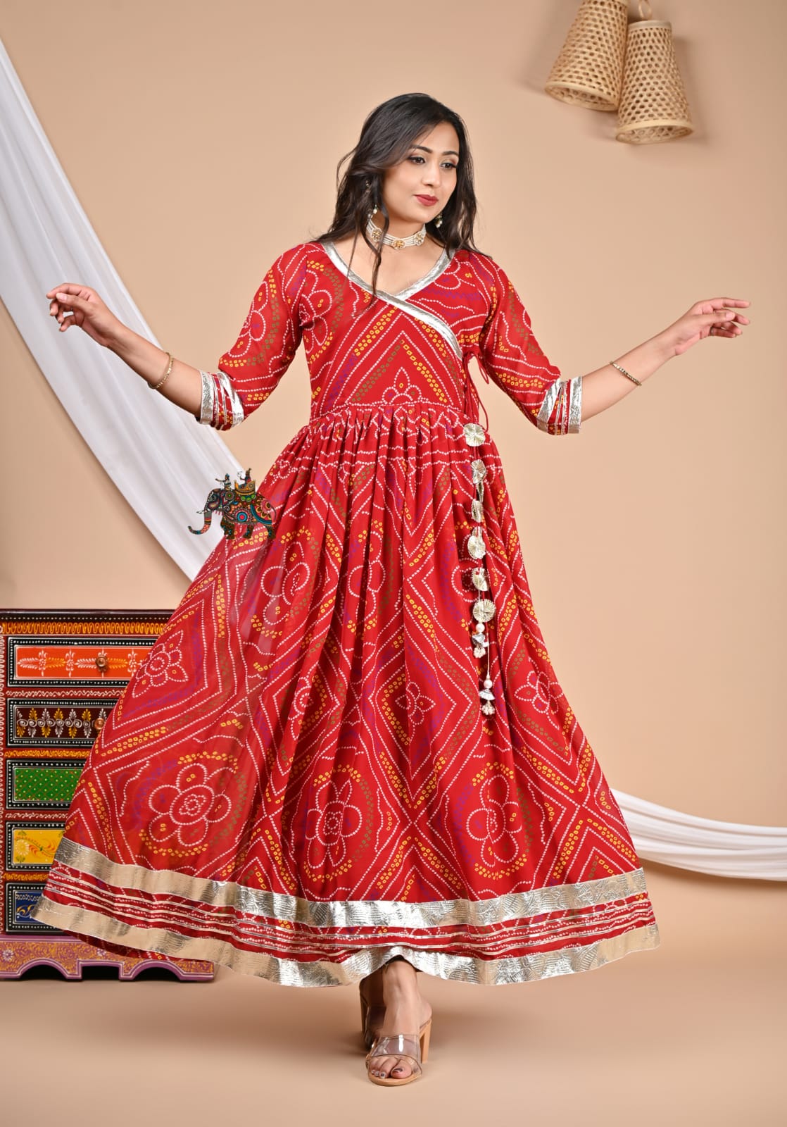 Red Bandhni Georgette Anarkali Kurta Set with Gota Work