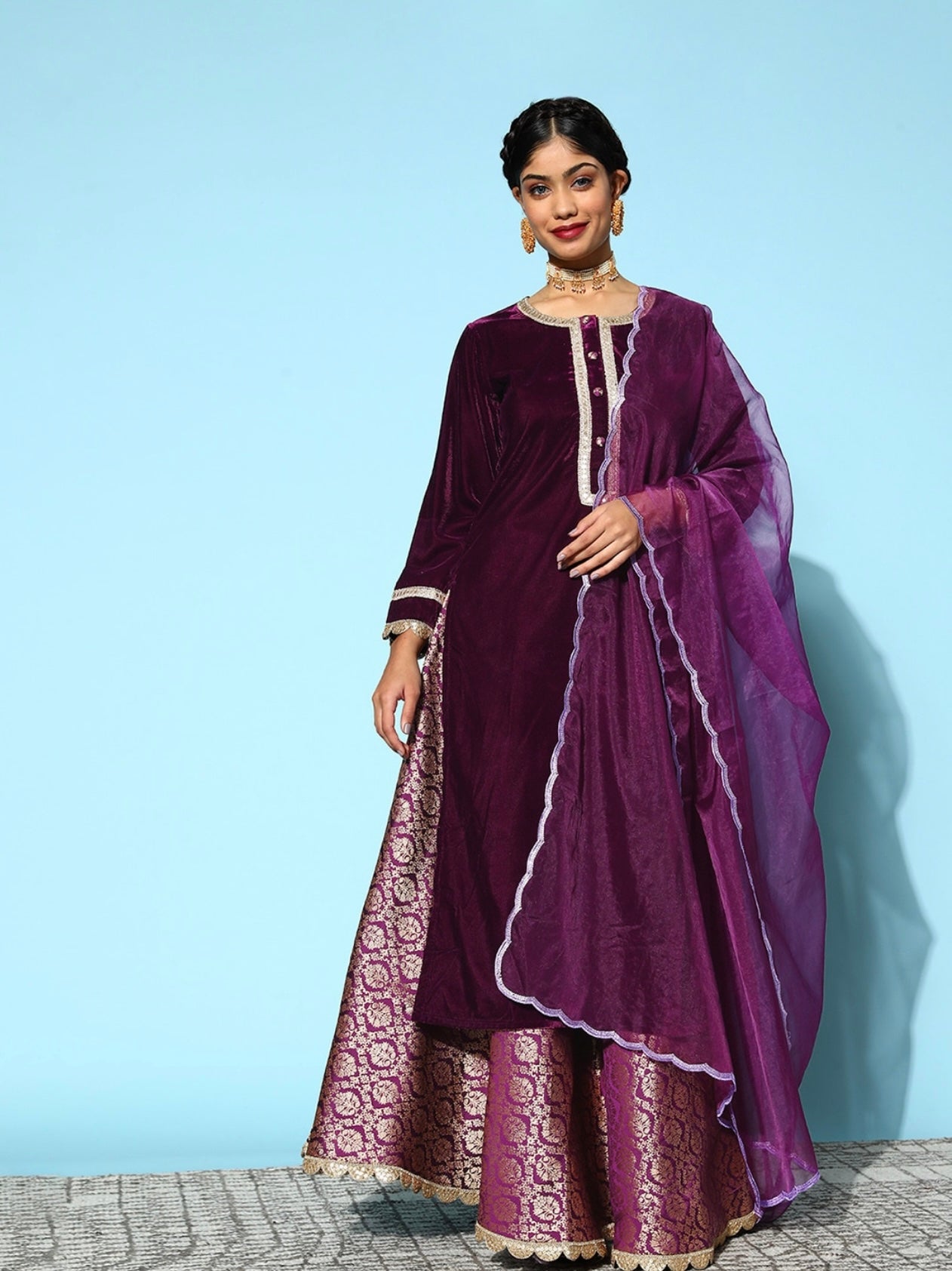 Purple Velvet Kurta with Jacquard skirt and dupatta