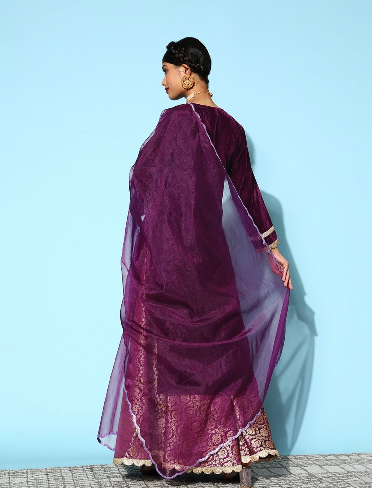 Purple Velvet Kurta with Jacquard skirt and dupatta