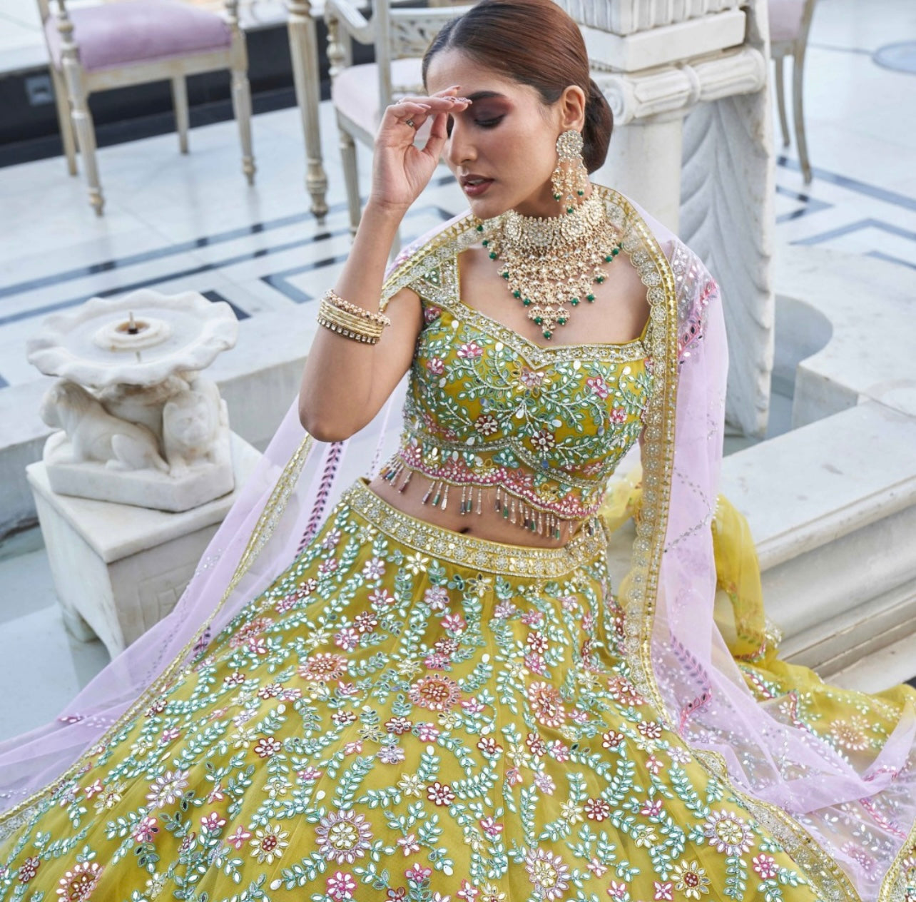 Indi Luxe Lime All over mirror work Designer lehenga choli