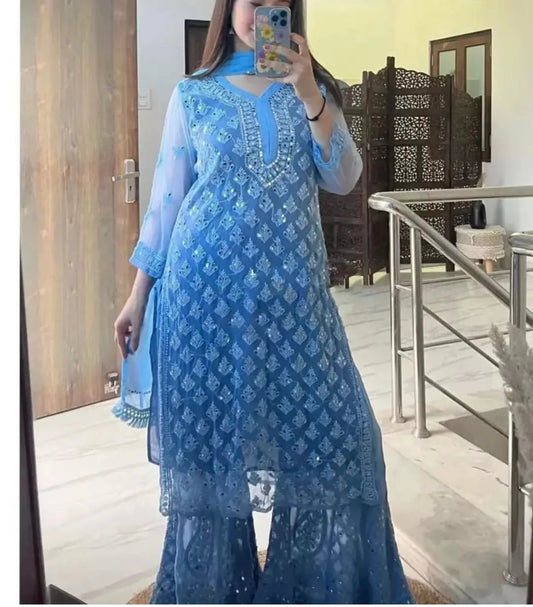 Lucknowi Blue Mirror work Kurta set
