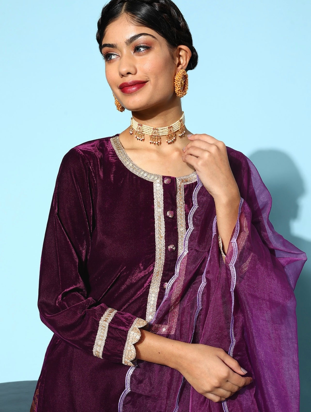 Purple Velvet Kurta with Jacquard skirt and dupatta