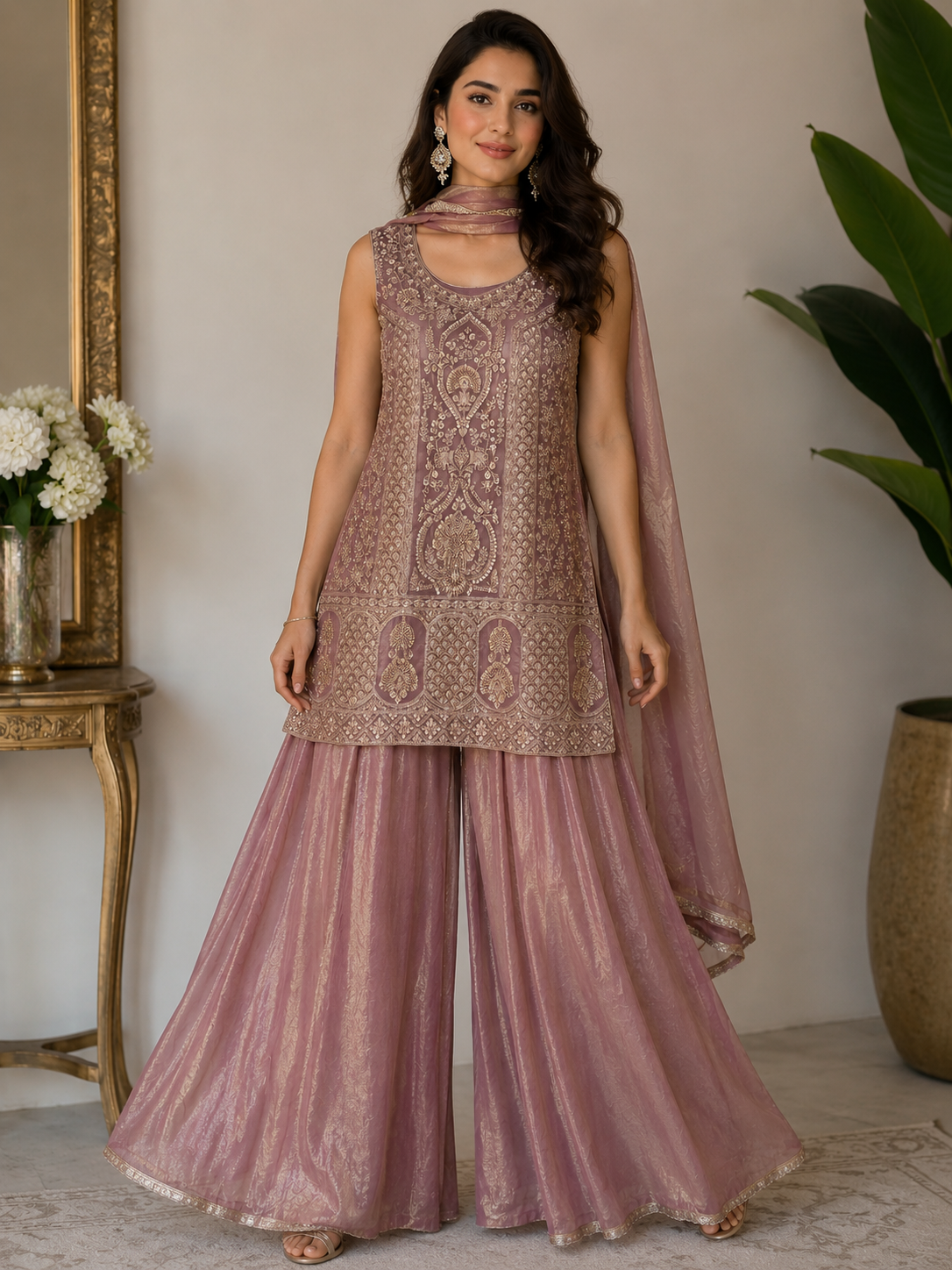 Light purple heavy handwork partywear sharara suit (sleeve cloth given)
