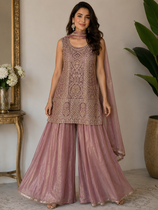 Light purple heavy handwork partywear sharara suit (sleeve cloth given)