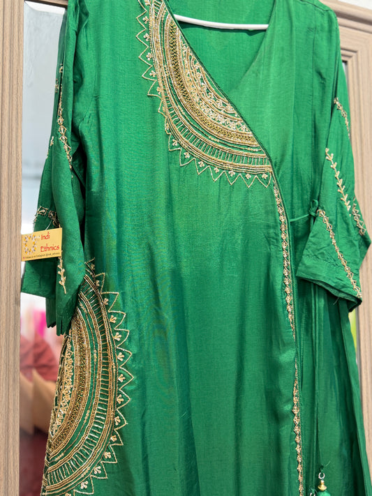 Bottle green Dola silk premium handwork suit