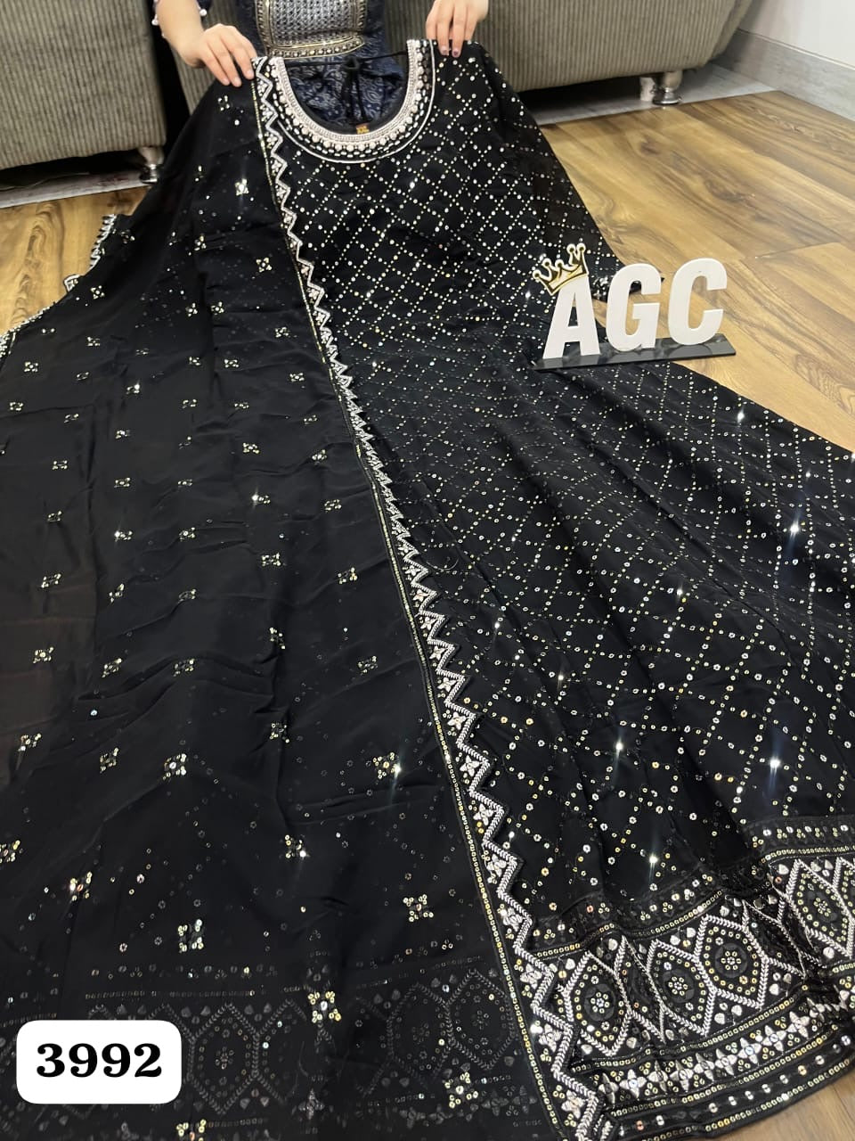 Black georgette heavy sequence work anarkali kurta set