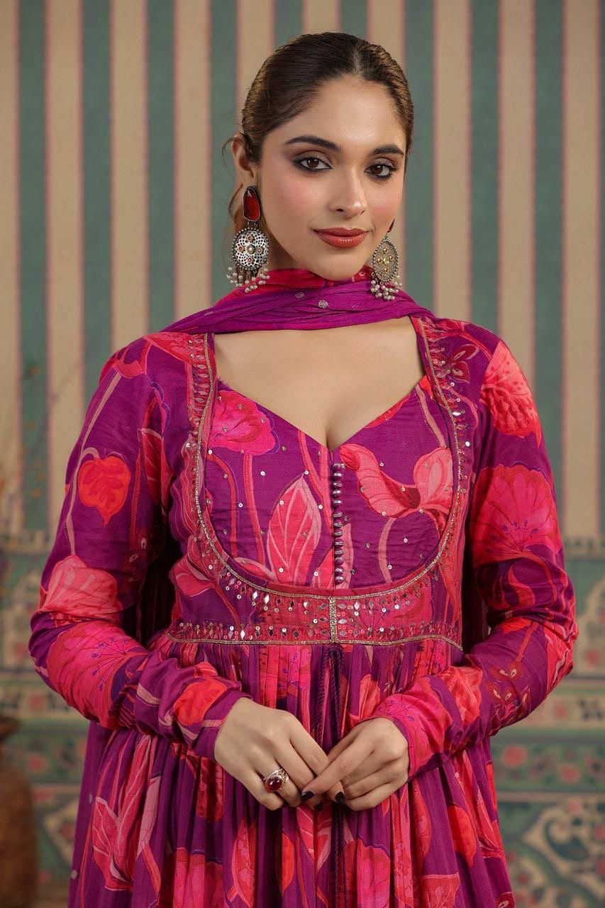 Purple and pink beautiful jacket style kurta set with mirror work