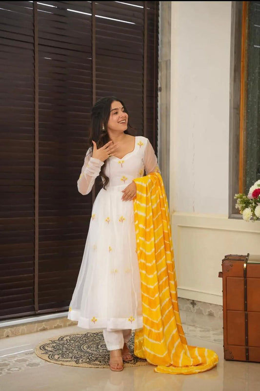 White georgette anarkali kurta set with leheriya dupatta