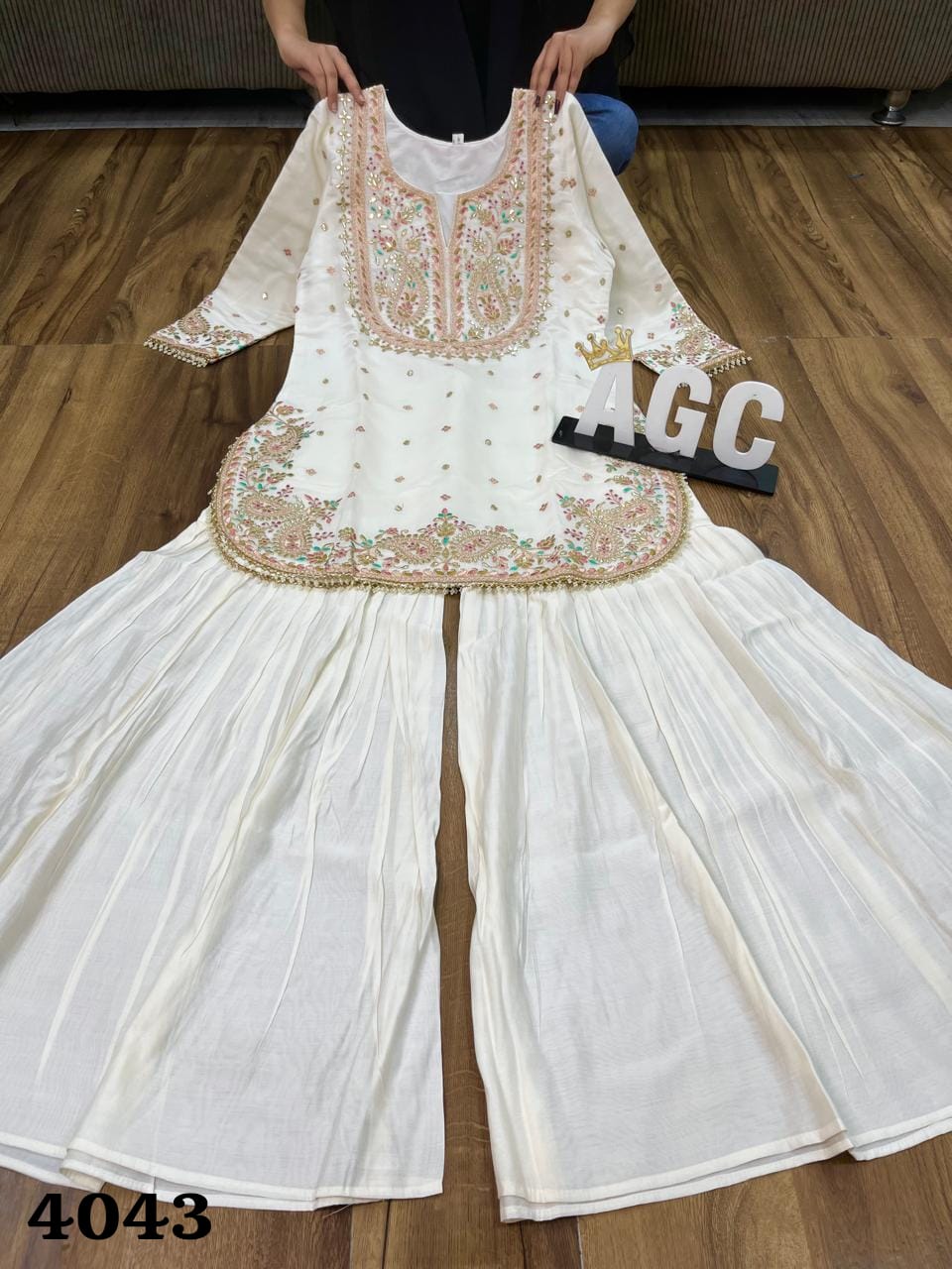 Off white silk sharara set with beautiful work