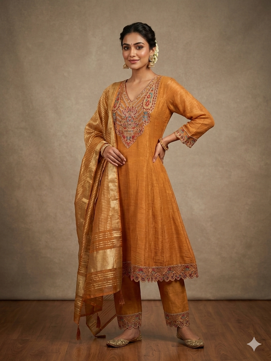 Mango embroidered fendy tissue short anarkali suit