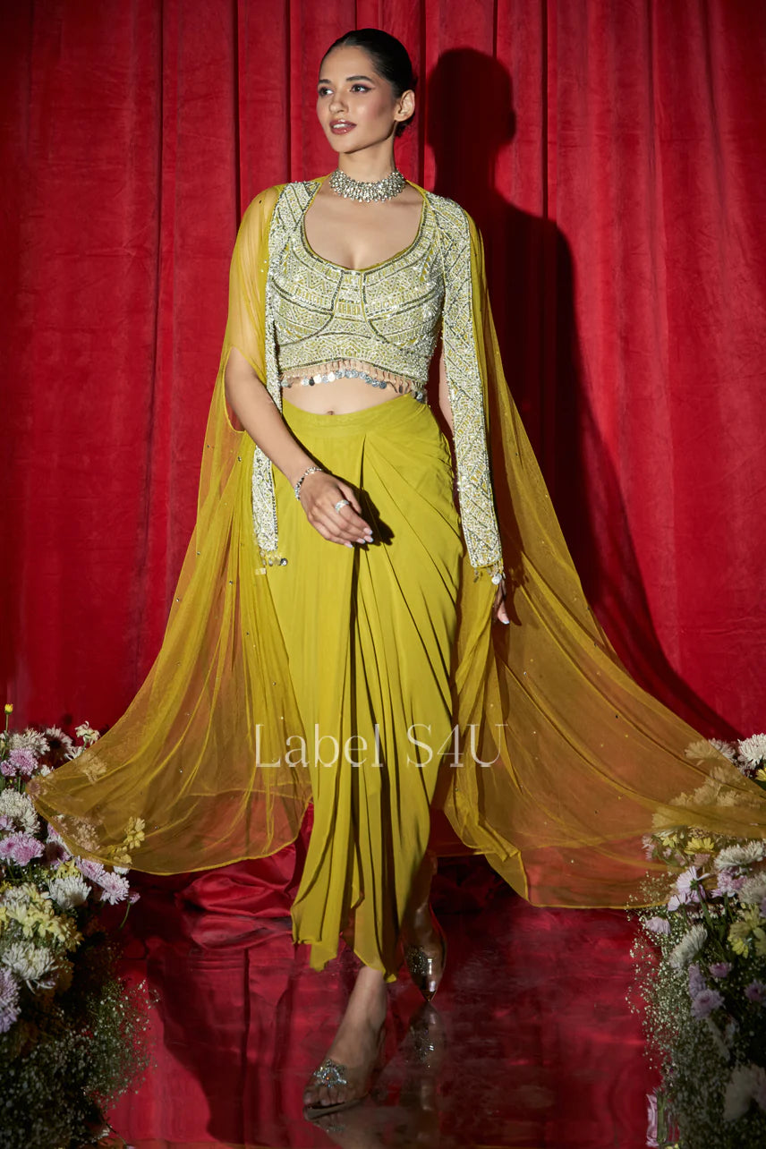 Mustard heavy handwork partywear cape set