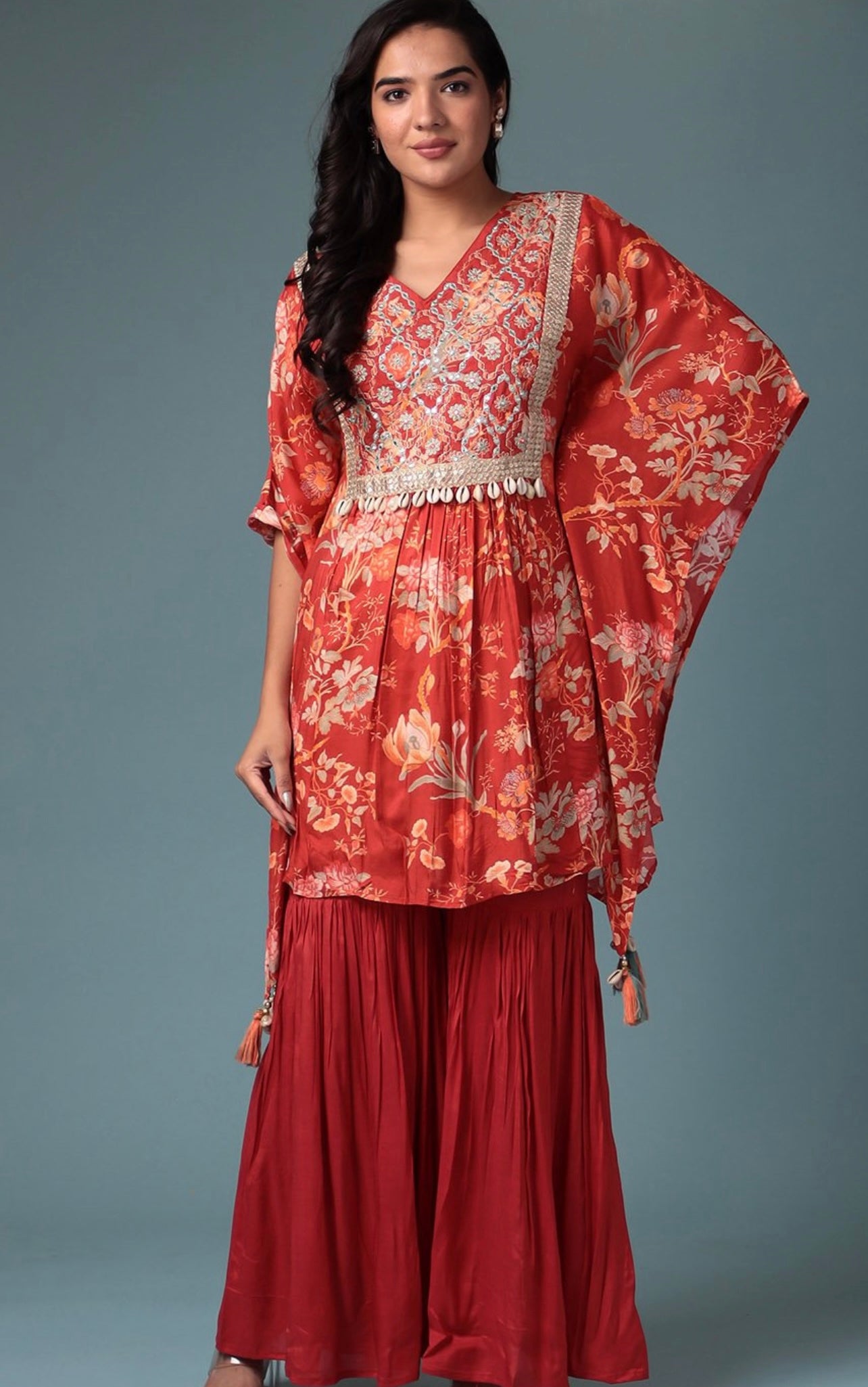 Rust beautiful embroidered yoke kaftan set