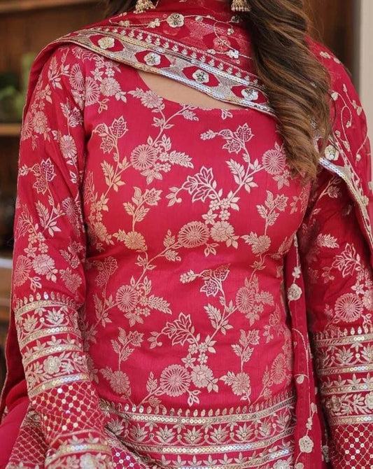 Dark pink sharara suit with heavy embroidered dupatta