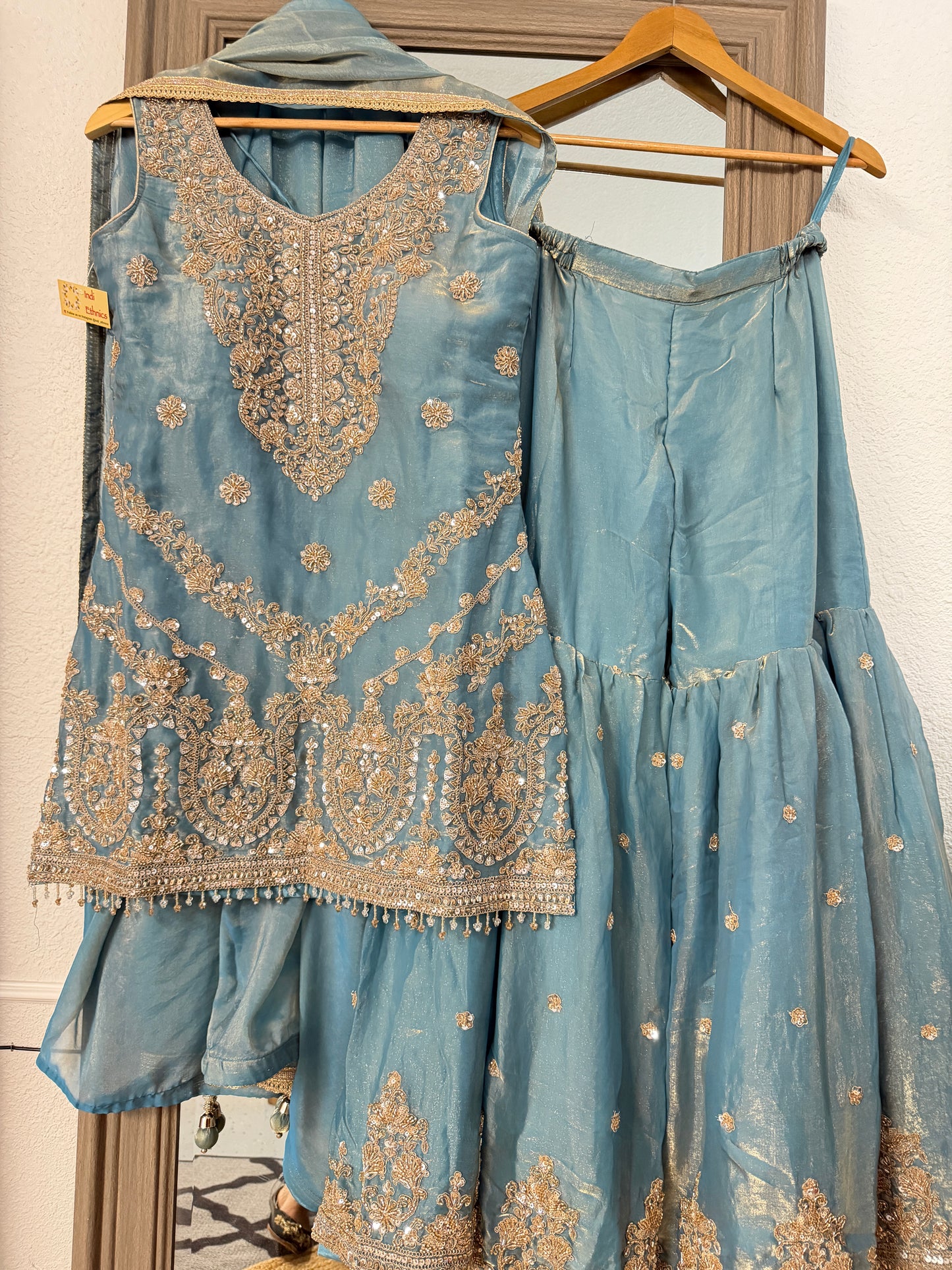Ice blue heavy handwork fendy tissue sharara suit
