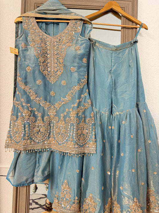 Ice blue heavy handwork fendy tissue sharara suit