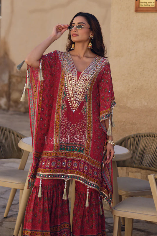 Dark red partywear gota and mirror work kaftan sharara set