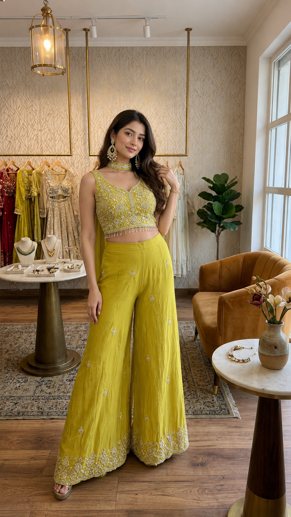 Greenish Yellow heavy handwork crop top palazzo neck dupatta