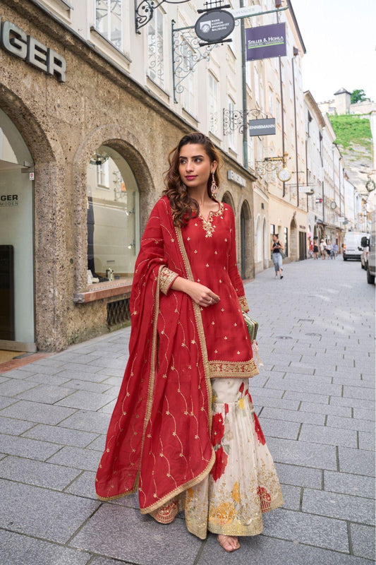 Red beautiful chinnon silk sharara suit