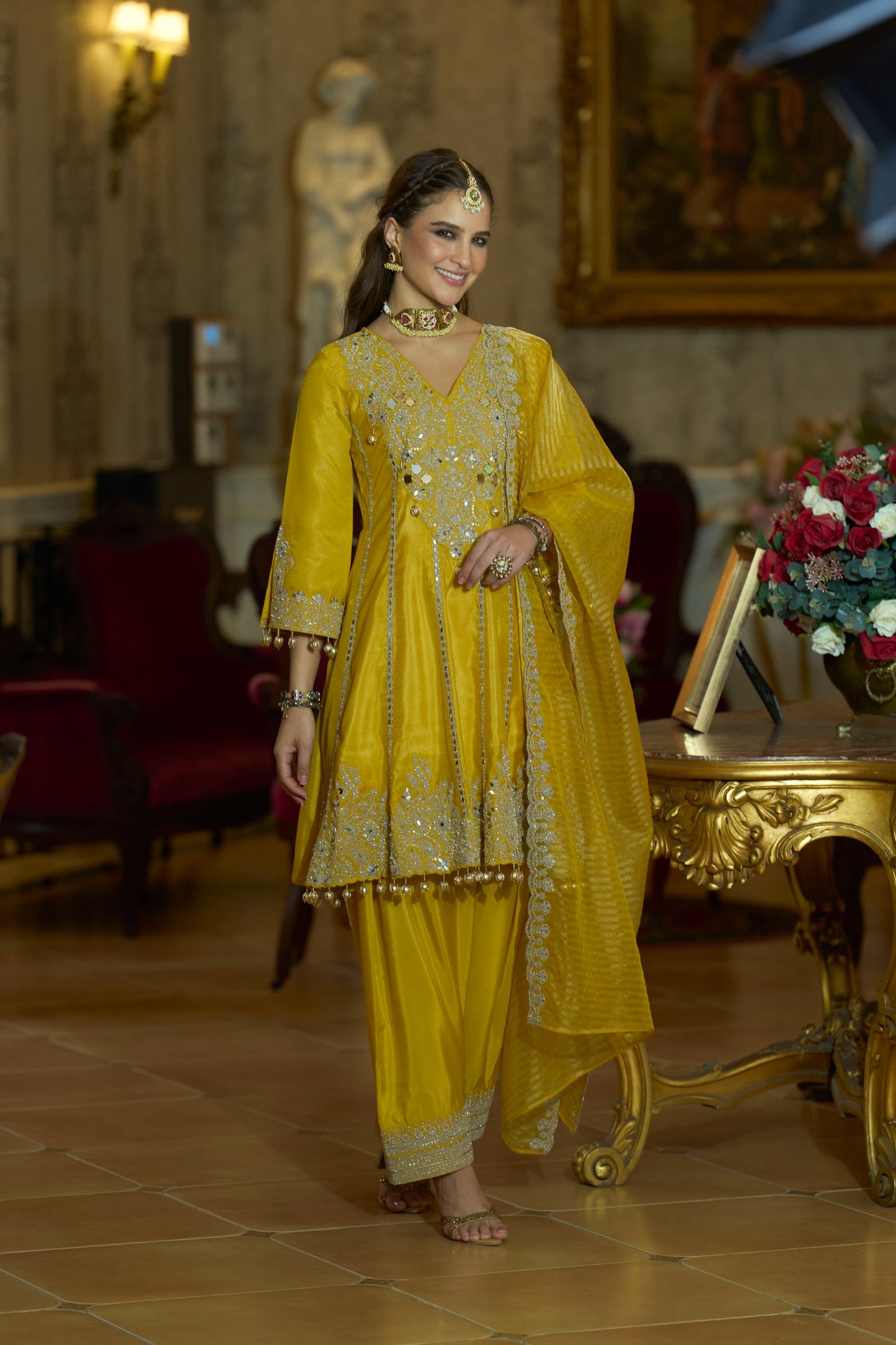 Yellow mirror work short anarkali kurta swt