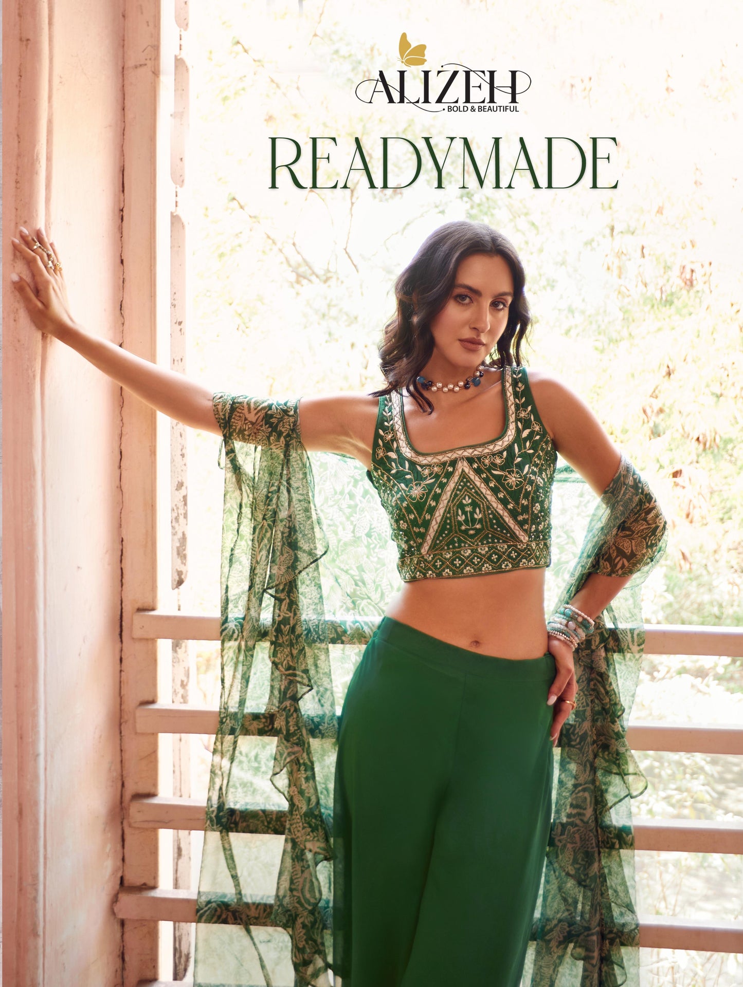 Green crop top palazzo with shrug indo western