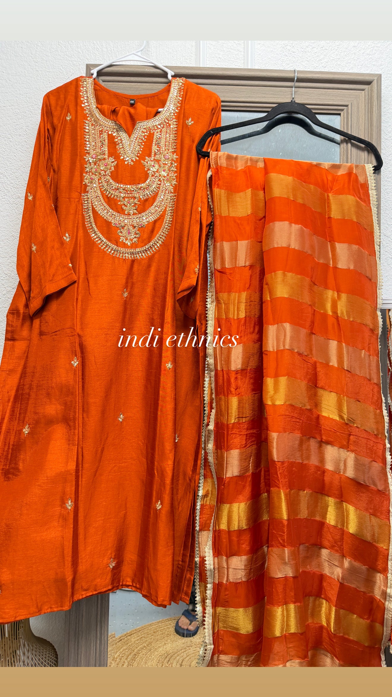 Rust orange pure dola silk suit with tissue dupatta