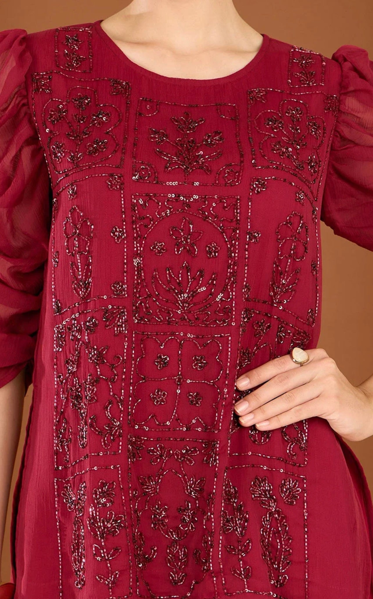 Maroon heavy handwork chiffon sharara co-ord set ( No dupatta)