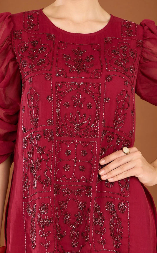Maroon heavy handwork chiffon sharara co-ord set ( No dupatta)