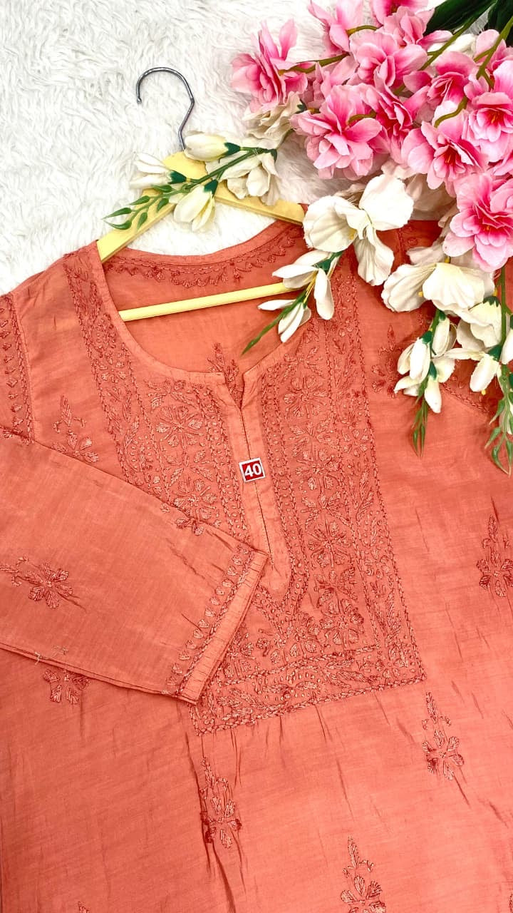 Burnt orange chikankari chanderi kurti
