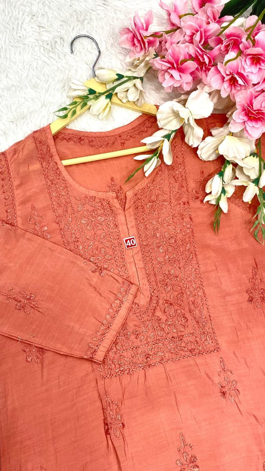 Rust chikankari chanderi short kurti