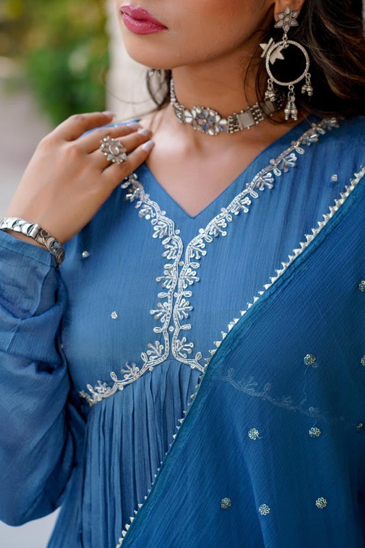 Greysih Blue elegant jardoshi handwork yoke alia cut suit