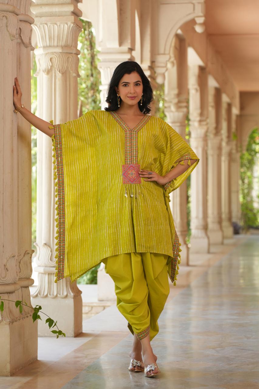 Parrot green pure cotton embroidered kaftan set