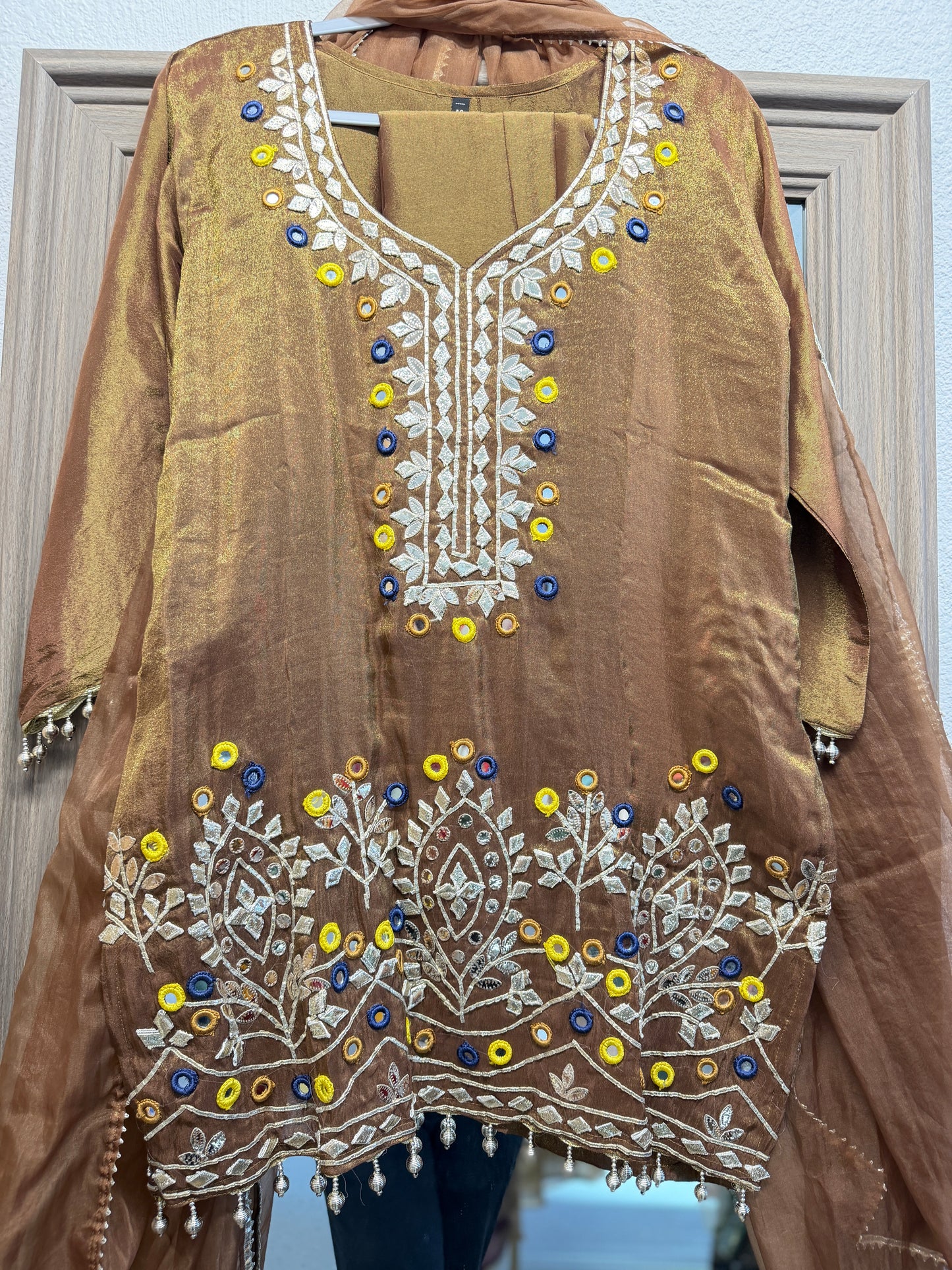 Brown shimmer tissue short top palazzo suit