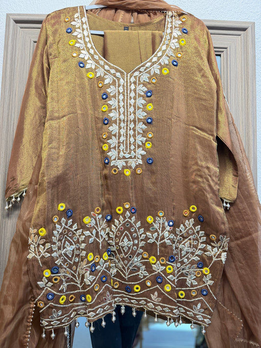 Brown shimmer tissue short top palazzo suit