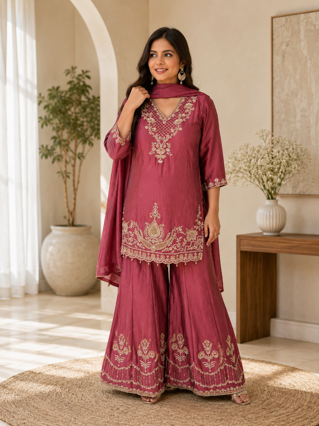 Deep rose beautiful handwork sharara suit