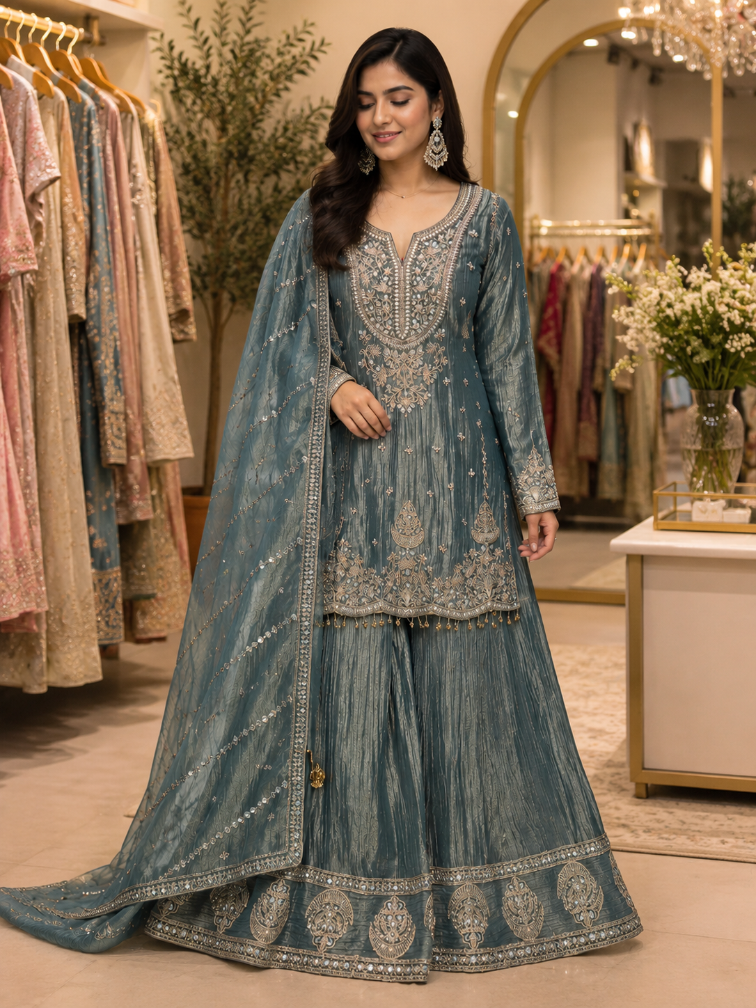 Grey heavy handwork mirror work partwear sharara suit