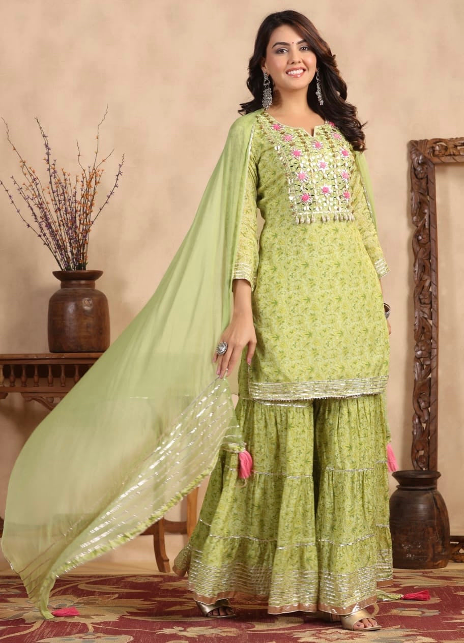 Parrot green heavy gota work premium fabric sharara suit