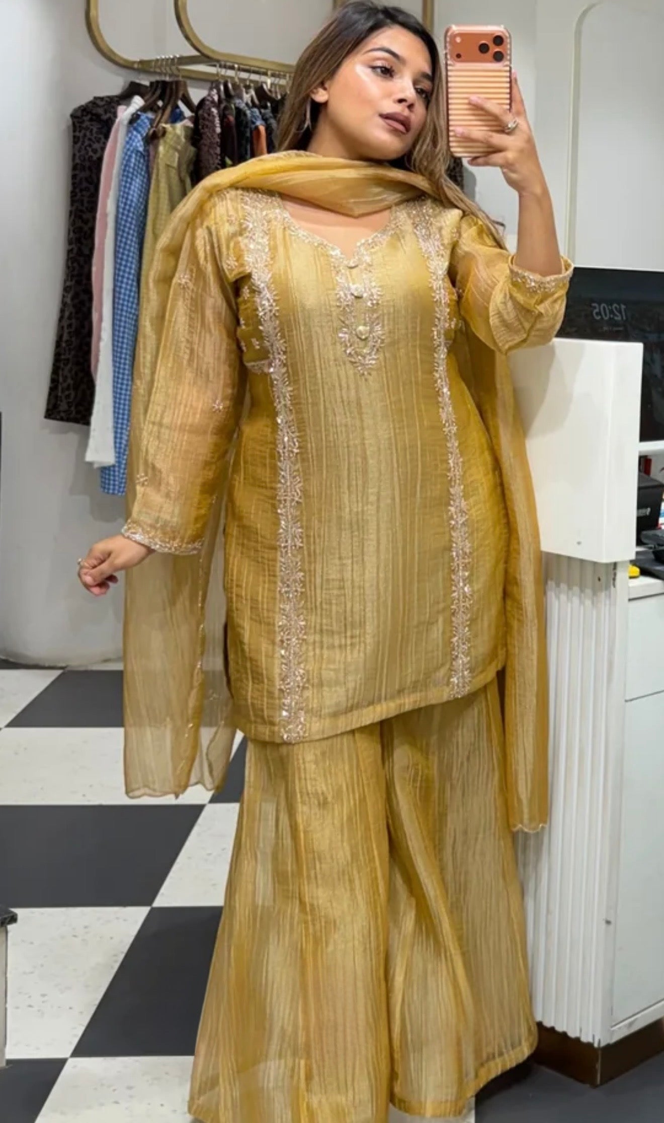 Yellowish gold pure crush tissue sharara suit with handwork