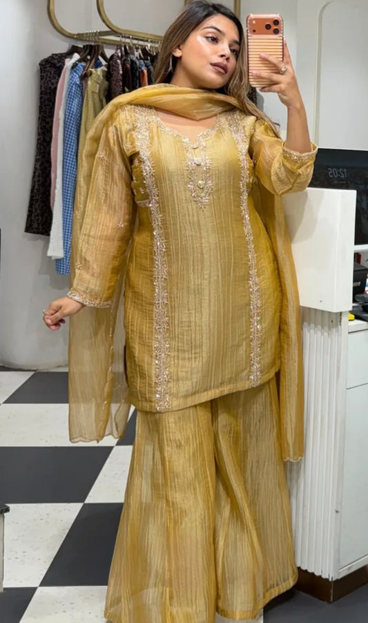 Yellowish gold pure crush tissue sharara suit with handwork