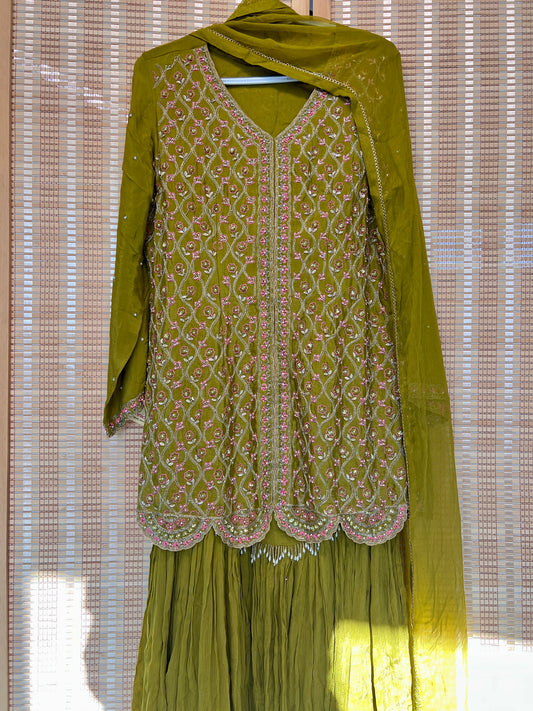 Mehendi green heavy handwork garara set