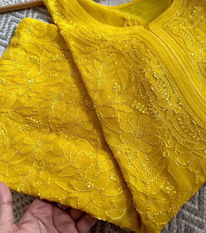 Yellow pure viscose premium chikankari kurti with lining