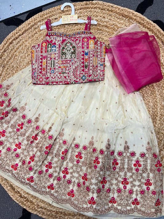 Girls Pink and off white heavy work lehenga choli dupatta