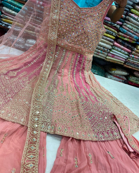 Pink Heavy mirror work formal sharara suit