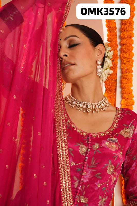 Hot pink pure chinnon front slit anarkali kurta set