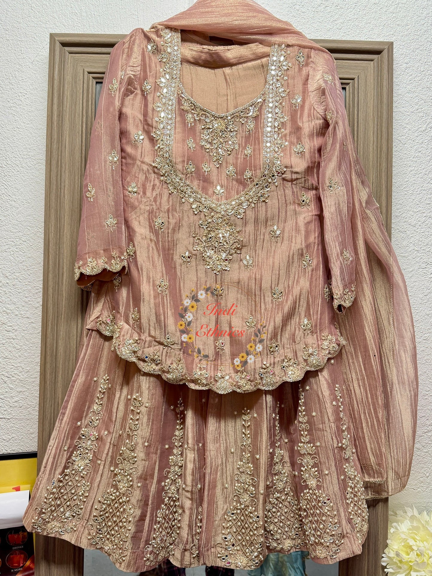 Onion pink salsa tissue heavy handwork sharara suit