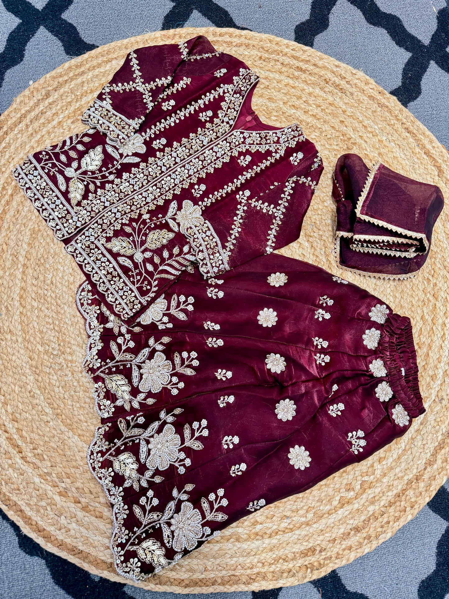 GirlsMaroon heavy handwork sharara suit