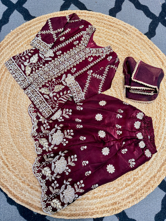 GirlsMaroon heavy handwork sharara suit