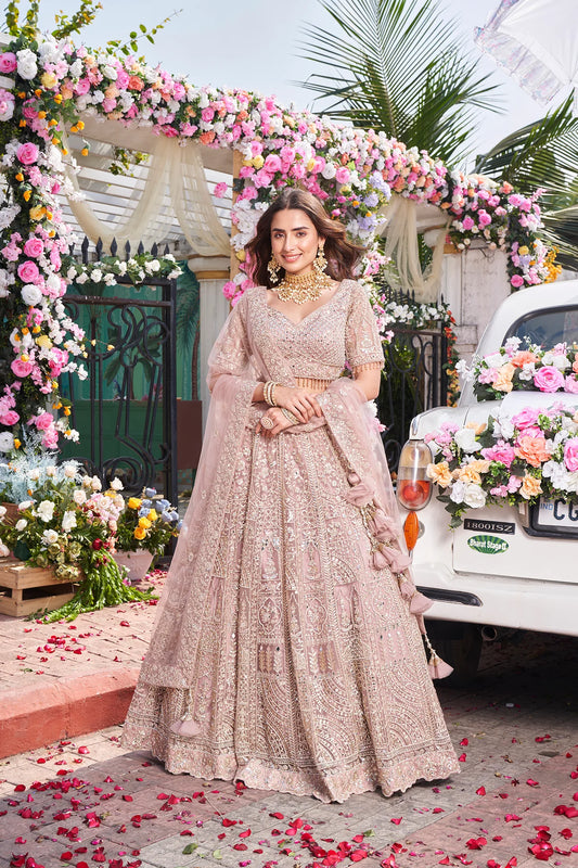 Pastel pink heavy handwork and mirror work lehenga