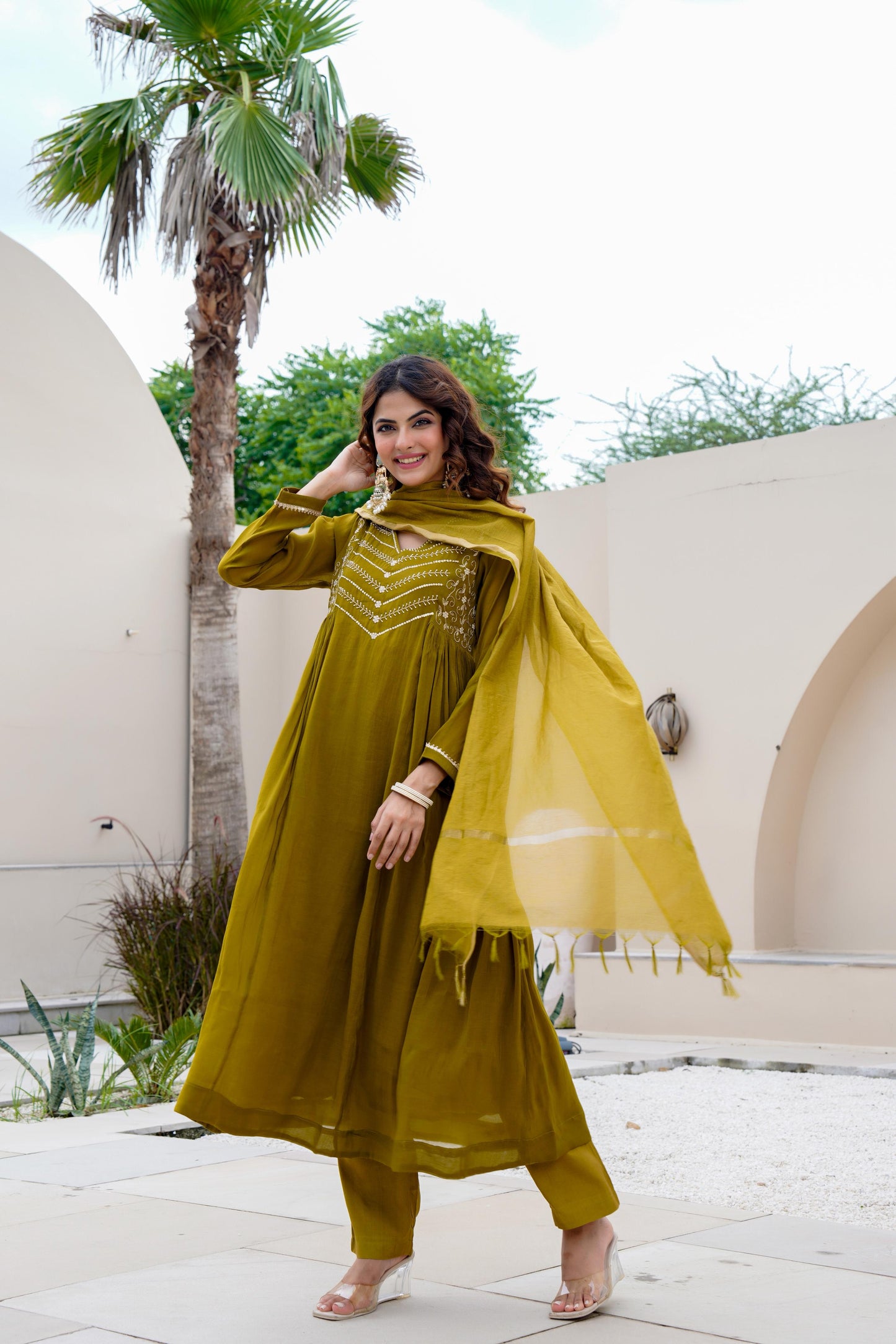 Green pure mul chanderi stunning A line suit