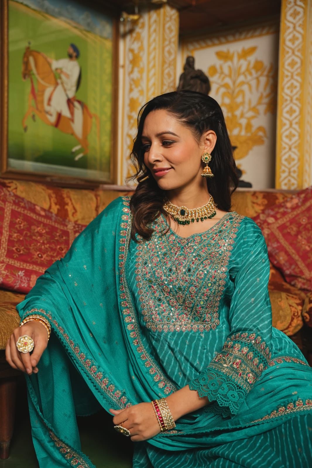 Teal premium chinnon silk anarkali suit with heavy work