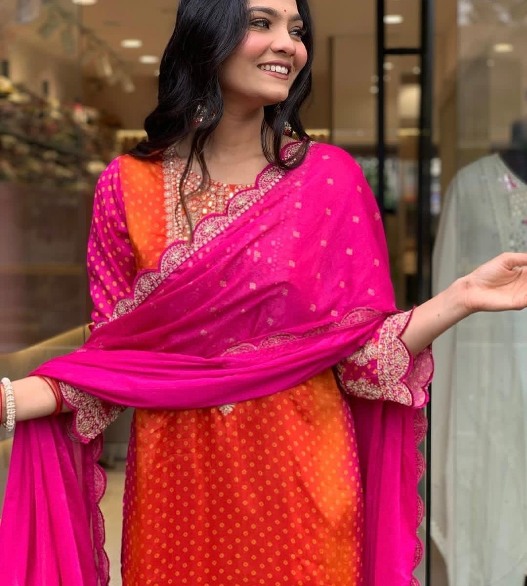 Hot pink and orange mirror yoke festive wear suit